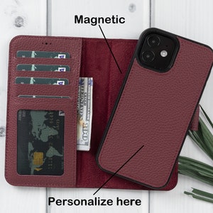 iPhone 12 Pro de cuero borgoña, funda magnética 2 en1 desmontable hecha a mano, billetera con ranuras para tarjetas e identificación, funda de teléfono personalizada, regalo perfecto