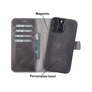 Couro cinza mármore para iPhone 12 e 13 Pro, Pro Max, Mini, capa magnética removível feita à mão 2 em 1, carteira com cartão, capa de telefone personalizada