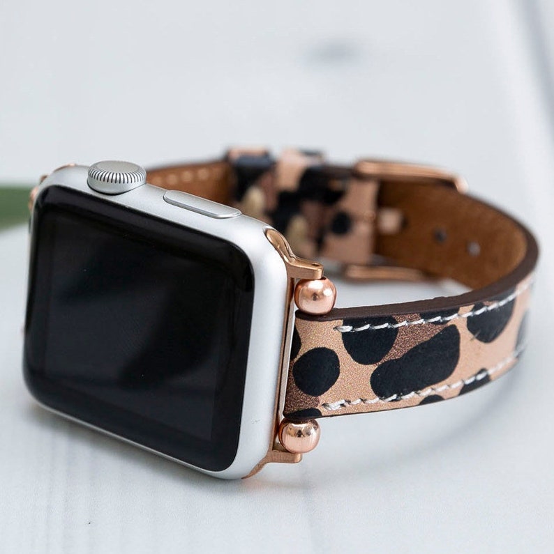 Leopard Leather Apple Watch Band 38 40 41 42 44 45mm, Handmade Womens iWatch Strap, Series Ultra 8 7 6 5 4 3, Engraved Leather band for Her 