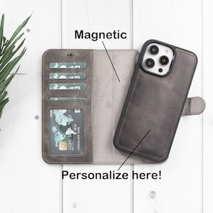 Capa de couro cinza para iPhone 15, iPhone 15, 15 Pro, 15 Plus e Pro Max, capa tipo carteira magnética removível 2 em 1 personalizada, compartimentos para cartão, presente