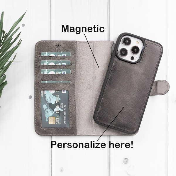 Gray Leather iPhone 15 Case, iPhone 15, 15 Pro, 15 Plus and Pro Max, Personalized 2in1 Magnetic Detachable Wallet Case, Card Slots, Gift
