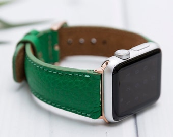 Green Leather Apple Watch Band 38 40 41 42 44 45 49mm, Handmade iWatch Jewelry For Women, Her Gift, Series Ultra 2, 9 8 7 6 5 4 3 2 1 & SE