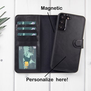 Capa de couro preto Samsung S23 Series, capa magnética removível feita à mão 2 em 1, carteira com compartimento para cartão e identificação, S23 Plus Ultra, capa personalizada