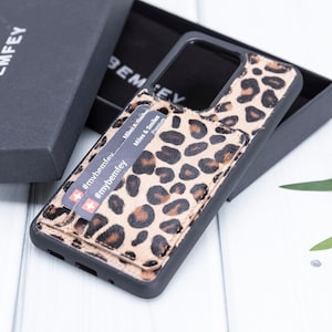 Furry Leopard Samsung Galaxy S20 Ultra Case, Cuir fait à la main, Pare-chocs de protection, Support de support de carte, Gravure laser GRATUITE Cadeau personnalisé