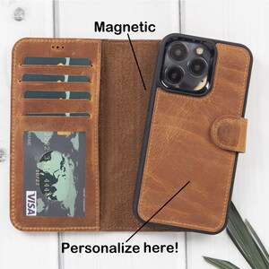 Antic bruin lederen telefoon 13 Pro Max, handgemaakt afneembaar 2in1 magnetische portemonnee case met kaarthouder & slot voor ID-venster, graveren cadeau