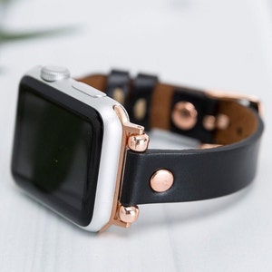 Black Leather Apple Watch Band 38 40 41 42 44 45 49mm, Handmade iWatch Strap Women, Christmas Gift, Series Ultra 2, 9 8 7 6 5 4 3 2 1 & SE