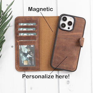 Funda de cuero marrón para iPhone 15, iPhone 15, 15 Pro, 15 Plus y Pro Max, funda de billetera desmontable magnética 2 en 1 personalizada, ranuras para tarjetas, regalo
