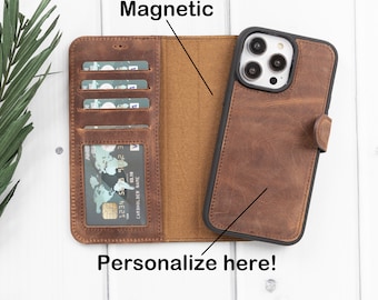 Brown Leather iPhone 15 Case, iPhone 15, 15 Pro, 15 Plus and Pro Max, Personalized 2in1 Magnetic Detachable Wallet Case, Card Slots, Gift