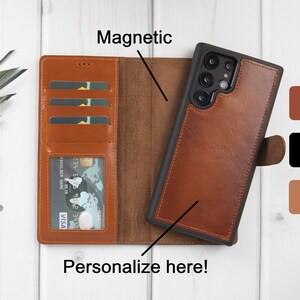 Capa antitic marrom de couro polido para Samsung Galaxy S22 Ultra Plus, capa magnética removível preta feita à mão 2 em 1, carteira com compartimentos para cartão e identificação