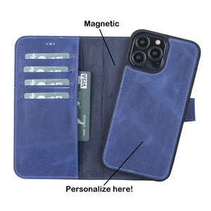 ブルーレザー iPhone 12 & 13 Pro、Pro Max、Mini、ハンドメイド取り外し可能マグネット式 2in1 ケース、カード付きウォレット、パーソナライズされた電話ケース、ギフト