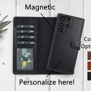 Capa tipo carteira magnética removível de couro preto para Samsung S22 Series com compartimentos para cartão, Galaxy S22, S22Plus, S22Ultra capa personalizada, presente para ela