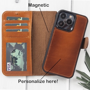 Bruin gepolijst lederen iPhone 13 Case, iPhone 13 Pro en Pro Max, iPhone 13 Mini, gepersonaliseerde 2in1 magnetische afneembare portemonnee case, cadeau