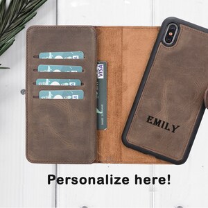 Donkerbruine echt lederen iPhone XS MAX Case, gepersonaliseerde magnetische 2in1 afneembare portemonnee case, 12 card slots, gift iPhone leather case