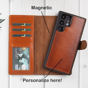 Bruin gepolijst leer Samsung S23-serie hoesje, handgemaakte afneembare magnetische 2in1-hoes, portemonnee met kaart- en ID-sleuven, S23 Plus Ultra