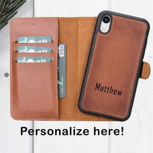 Bruin gepolijst echt lederen iPhone XR en XS Max-hoesje, gepersonaliseerde 2in1 magnetisch afneembare portemonneehoes, kaartsleuven, cadeau iPhone-hoesje