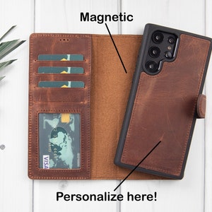 Capa de couro marrom para Samsung S23 Series, capa magnética removível feita à mão 2 em 1, carteira com compartimento para cartão e identificação, S23 Plus Ultra, capa personalizada