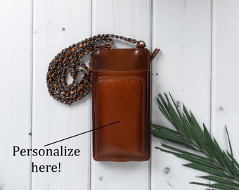 Genuine Brown Leather Cross Body Phone Bag, Personalized Phone Bag, Phone Card Holder Wallet, For All Phone and Apple Models