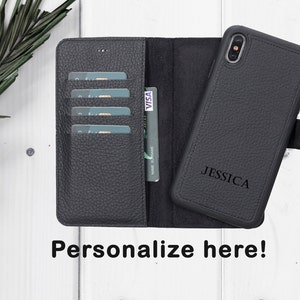 Capa preta de couro genuíno para iPhone XS Max, capa tipo carteira magnética removível 2 em 1 personalizada, compartimentos para cartão, capa de couro para presente iPhone XS Max