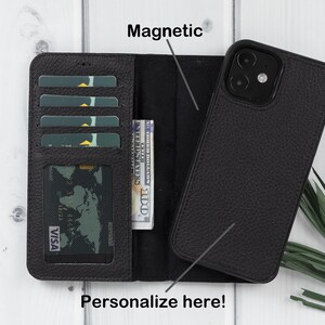 iPhone 12 Pro de couro preto, capa magnética removível feita à mão 2 em 1, carteira com compartimentos para cartão e identificação, capa de telefone personalizada, presente perfeito