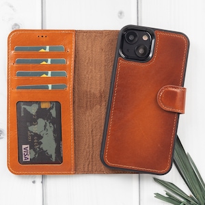Echt aangepaste lederen Apple iPhone 13 Case, handgemaakte afneembare magnetische case, iphone kaarthouder, iphone portemonnee met kaartsleuven, gravure