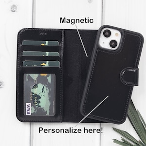 Teléfono de cuero negro 13 Mini, estuche de billetera magnética desmontable 2en1 hecho a mano con soporte para tarjeta y ranura para ventana de identificación, regalo de grabado