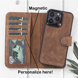 Bruin lederen iPhone 13, handgemaakte afneembare 2in1 magnetische portemonnee-hoes met kaarthouder en sleuf voor ID-venster, gravure cadeau