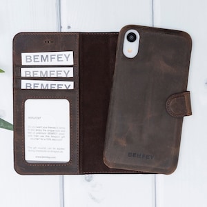 Funda de cuero apple iPhone XR marrón, cubierta trasera de billetera extraíble desmontable magnética hecha a mano, regalo de cumpleaños grabado personalizado ella y él