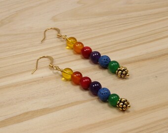 Pride beaded dangle earrings, LGBT handmade jewelry, gemstone rainbow earrings