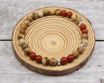 Handcrafted Picture Jasper Bracelet - Earthy Beaded Stretch Bracelet - Red Jasper Beads