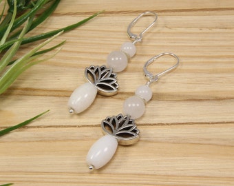 White jade dangle lotus earrings for women