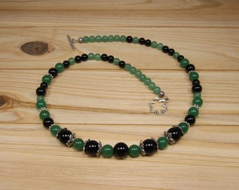 Green aventurine and black onyx gemstone beaded necklace