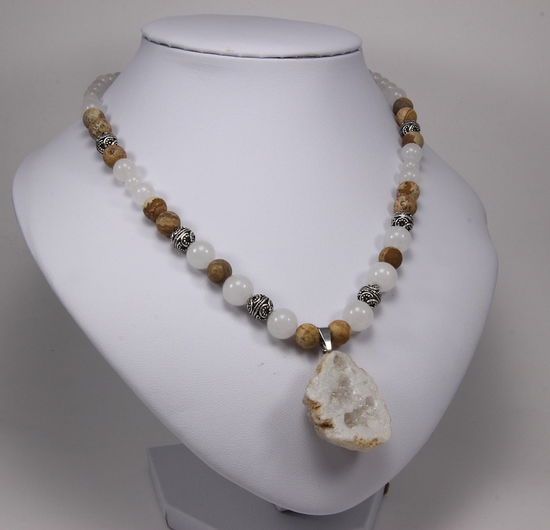 Jade necklaces for women-druzy quartz geode-handmade statement necklace-jade jewelry-picture jasper-handmade beaded jewelry-stone necklace