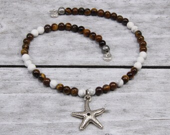 Tigers eye and white howlite ankle bracelet for women