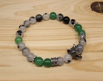 Green aventurine and tourmaline quartz wolf protection bracelet