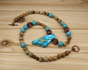 Jasper beaded gemstone pendant necklace - handmade jewelry- toggle necklace - gifts for her