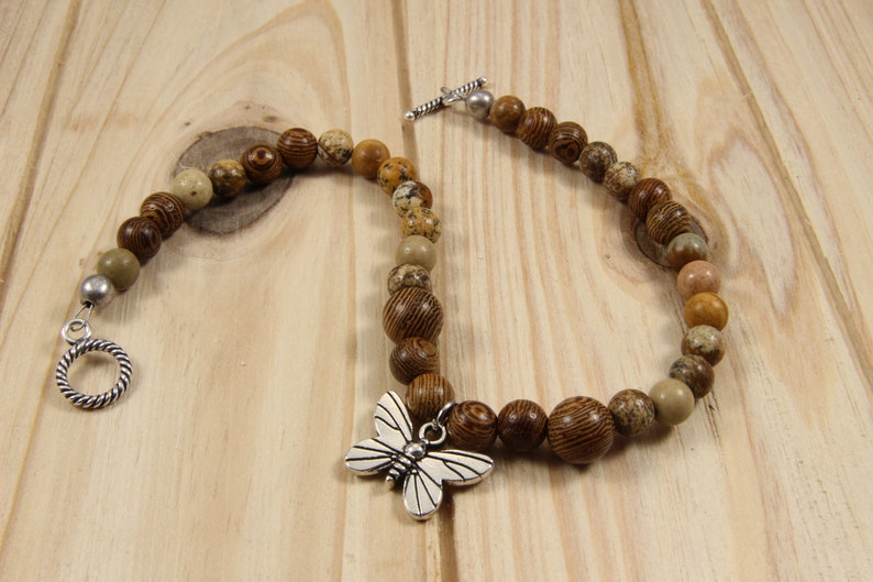 Beaded ankle charm bracelet for women-jasper gemstone handmade anklet-wood anklet-handmade jewelry