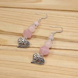 Rose Quartz Heart Dangle Beaded Earrings - Handmade Women Jewelry