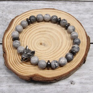 Bracelet loup en acier inoxydable - Jaspe gris - Bijoux inspirés de la nature