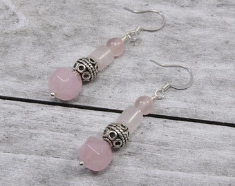 Handmade Rose Quartz Dangle Beaded Earrings | Gemstone Jewelry Gift