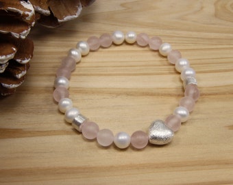 Rose quartz and fresh water pearl gemstone bracelet for women, Valentines day gift for her