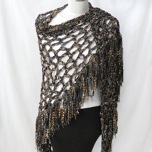 Hand made Luxury Shawl Fancy Ribbon Triangle Shawl Wedding Shawl Glittery Ribbon Shawl Wrap Crochet Triangular Shawl - Black/Grey/Copper