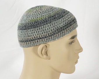 Grey Green Tan Mix Kippah Kippot Jewish Kipa Hand Crochet Superwash Extrafine Merino Wool Gray Adult Yarmulke Large