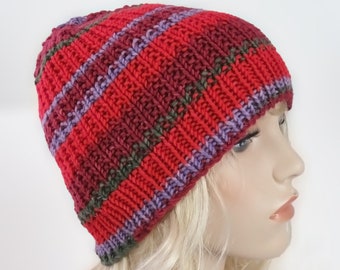 Ribbed Knit Beanie Striped Women's Men Hat Shades of Red Beanie Winter Hat Merino Wool Hat