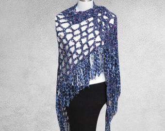 Hand Crocheted Glitter Ribbon Shawl – Blue Wedding Wrap
