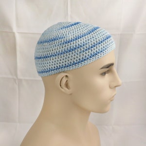 Crochet Kippah Kippot Jewish Kipa Hand Crochet Cotton Viscose Blend Adult Yarmulke Kufi Kippa Large - Light Blue Tonal Stripes