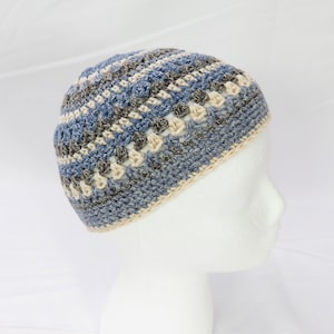 Blue Dark Brown Cream Mix Kippah Kippot Jewish Kipa Hand Crochet Merino Wool Cotton Nylon Adult Yarmulke Large