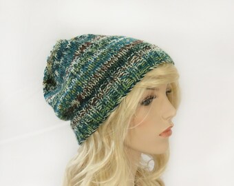 Knit Slouchy Hat Green Brown Mix Women Men Winter Hat Merino Wool Hat Soft and Warm