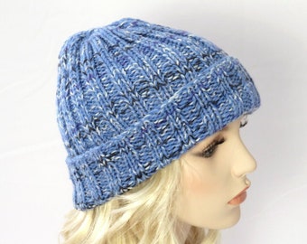 Knit Ribbed Beanie Hat Blue Mix Women Men Winter Hat Merino Wool Hat Soft and Warm