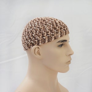 BROWN TAN WHITE Kippah Kippot Jewish Kipa Hand Crochet Cotton Adult Yarmulke Kufi Large
