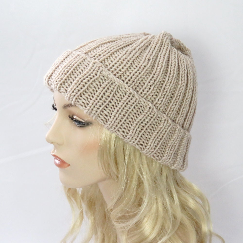 Knit Ribbed Beanie Hat Beige Tan Oyster 